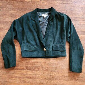 VTG 1970s Anne Klein II Union Made Green Suede Leather Cropped Blazer Size M